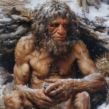 A prehistoric human sits inside a cave, surrounded by snow. His strong physique and facial features reflect ancient heritage. He holds a tool, suggesting survival amidst harsh winter conditions.