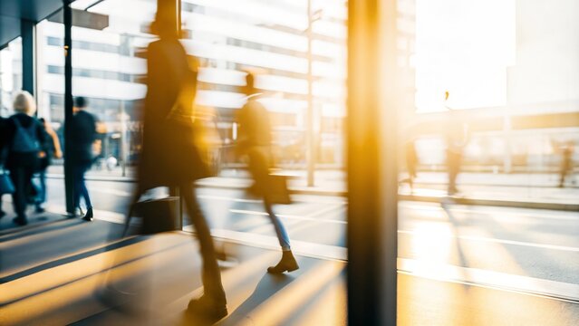 Morning Rush Hour Blur – Busy city street with motion blur of people walking.	
