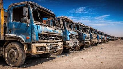 Fototapeta premium Empty damaged trucks scattered on a desolate street, symbolizing the aftermath of a crisis and the need for resilience and rebuilding.