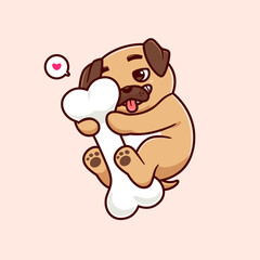 Cute pug hugging bone cartoon mascot illustration. Animal nature concept icon vector