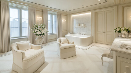 Elegant space with white Carrara marble, subtle grey veining on white, a classic and luxurious look