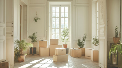 Fototapeta premium white bright room filled with house plants in pots and brown boxes. concept moving