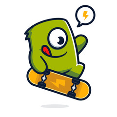 Cute cyclops monster playing skateboard isolated on white background