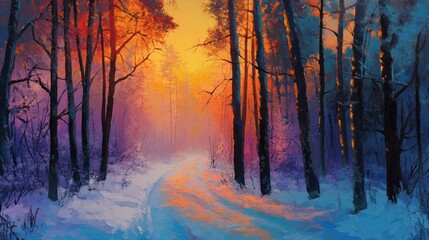 Naklejka premium A colorful sunrise in the winter forest, snow covered trees, path through the woods, beautiful, colorful, vivid colors, vibrant.