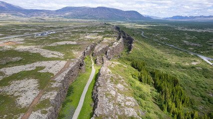 Fototapeta premium Thingvellir National Park: Aerial View of Iceland's Rift Valley and Oxararfoss Waterfall