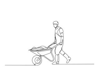 Continuous line drawing art of worker walking with wheelbarrow. Man pushing wheelbarrow in single line draw with editable stroke.