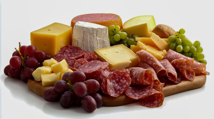 Charcuterie board with a variety of cheeses, meats, and grapes on a white background