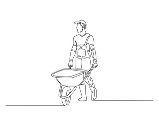 Continuous line drawing art of worker walking with wheelbarrow. Man pushing wheelbarrow in single line draw with editable stroke.