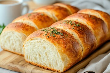 Fototapeta premium Freshly baked, golden brown bread loaf, garnished with herbs, resting on a wooden board, perfect for meals or snacks.
