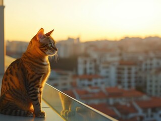 Brindle-patterned cat stalking at sunset rooftop view urban environment nature concept
