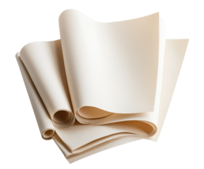 A collection of curled and flat beige sheets of paper arranged together. Cream color blank paper sheet roll, PNG file isolated on a background.