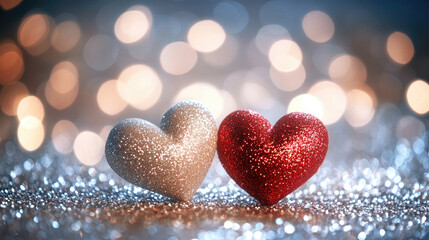 Obraz premium Glittering Valentine's background with red and pink hearts and subtle glowing lights.