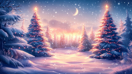 Naklejka premium Festive snow-covered landscape with luminous Christmas trees, creating a magical atmosphere ideal for winter holiday celebrations.