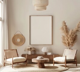 Minimalist living room interior with a large blank canvas. wicker chairs. white ottoman. beige walls. and a jute rug