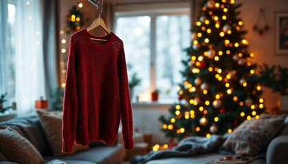 Obraz premium A cozy living room with a red sweater, Christmas tree, and festive decorations for the holidays.