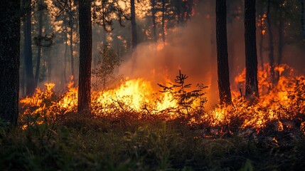A controlled fire being used in a forested area to clear underbrush, benefiting both agriculture and wildfire prevention.
