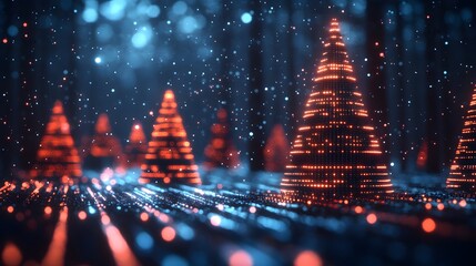 Glimmering digital Christmas trees in a snowy, futuristic forest. Festive lights illuminate the scene, creating a magical, technological winter wonderland.