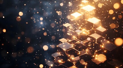 Interconnected glowing hexagons form a dazzling, golden Christmas tree, sparkling with festive light and magic.