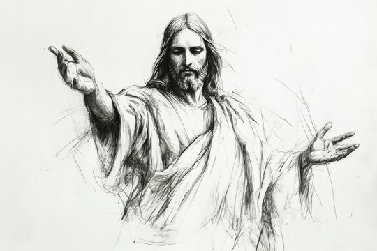 A sketch of Jesus Christ, drawn in delicate pencil lines with His hands outstretched, surrounded by a white space that invites thoughtful copy or spiritual messages