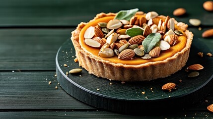 Fototapeta premium Delicious pumpkin tart with a variety of mixed nuts and seeds on a dark round slate board and wooden table background