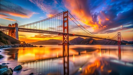 Fototapeta premium Stunning Low Light Photography of the Iconic Golden Gate Bridge at Dusk in San Francisco, California, Showcasing its Beautiful Silhouette Against a Vibrant Sunset Sky