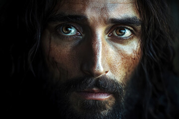 Obraz premium A detailed, realistic portrait of Jesus Christ, His face full of wisdom and peace. The deep, dark background creates a contrast that draws attention to the softness of His features, particularly His