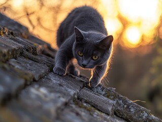Charcoal gray cat on weathered rooftop at sunset a feline adventure