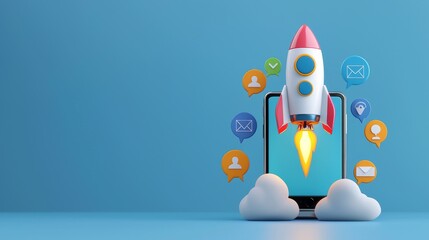 A smartphone launching a rocket, illustrating the surge in social media, digital marketing, and online business.