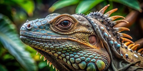 Obraz premium Stunning Macro Photography of Rhinoceros Iguana (Cyclura cornuta) Showcasing Its Unique Scales, Textures, and Vibrant Colors in a Natural Habitat Setting