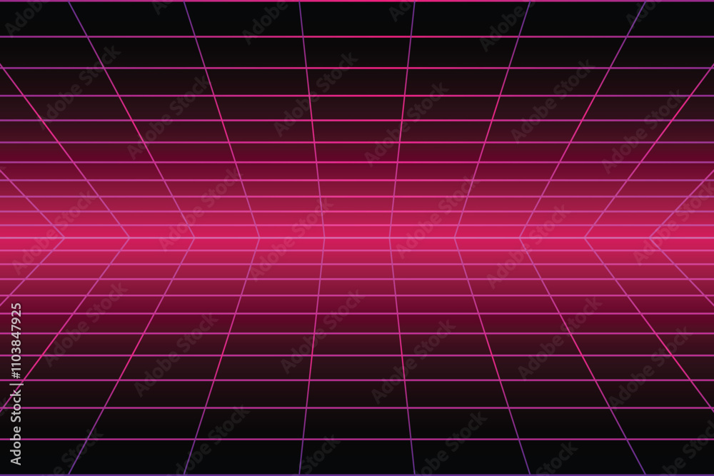 Wall mural retro cyberpunk style 80s game scene pixel art 8-bit sci-fi background. glowing neon grid and stars 