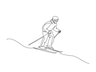 Continuous line drawing art of ski winter sports. Ski sport in single line draw with active stroke.