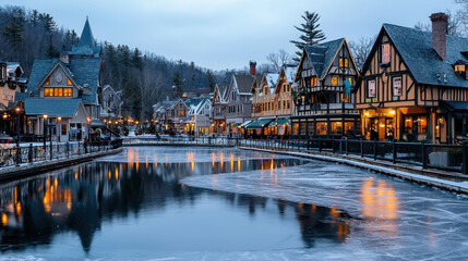 picturesque view of small town with charming architecture, reflecting on frozen canal. scene captures serene beauty of winter, with lights glowing warmly against cold backdrop
