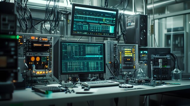 High-tech laboratory setup with fiber optic cables transmitting signals, surrounded by digital interfaces and advanced transmission equipment