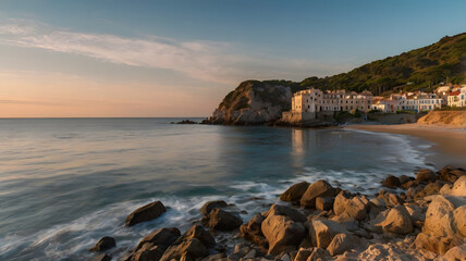 Castle on the clift under the unset over the sea.