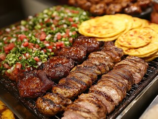 Close-up of vibrant al pastor tacos cooking on trompo at outdoor market