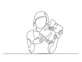 Continuous line drawing art of women holding present box or gift box. Birthday, thanks giving, xmass concept in single line draw with active stroke.