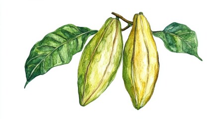 Fototapeta premium Watercolor painting of cacao pods on a branch with vibrant green leaves.