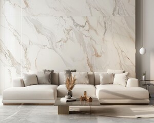 Modern living room interior with a white sectional sofa. marble wall. and gold accents