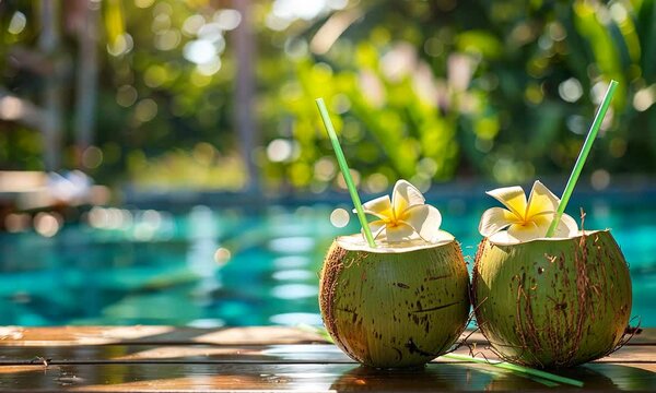Two coconuts with straws and flowers by the pool. (1)