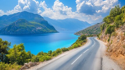 Serene Coastal Road Trip: Stunning Scenery and Turquoise Waters Await. Discover breathtaking views of winding roads, lush greenery, and a mesmerizing turquoise sea
