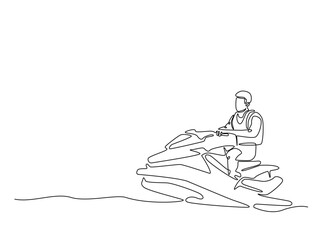 Continuous line drawing art of jet ski water sport. Man man driving a jet ski in single line draw with active stroke.