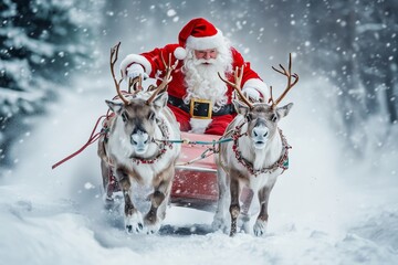 a santa claus with a beard and red costume rides on a sleigh in the snow with reindeer