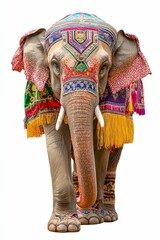 Ornate, colorful elephant, festive attire.