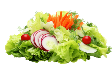Fresh Chinese cabbage leaves with a vibrant green color, sliced radishes, shredded carrots, and cherry tomatoes arranged in a decorative manner, creating a colorful salad mix.