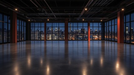 Stunning Empty Industrial Loft Space with a Panoramic Night City View. Perfect for Events, Meetings, and Photoshoots. Modern Architecture at its Finest.