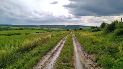 Obraz premium Scenic Muddy Path Through Green Fields Under Dramatic Sky