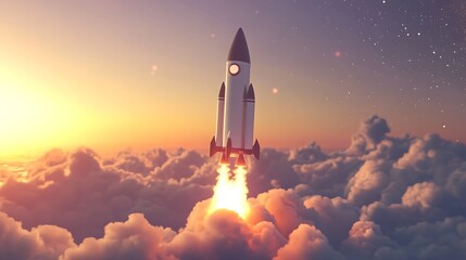 Rocket launching into space at sunset.  A breathtaking view of a spacecraft ascending through clouds.