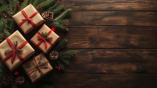 Rustic Christmas Gifts on Wooden Table.  Festive Holiday Decor.  Warm and Joyful Christmas Season.  Simple Elegance of Holiday Tradition