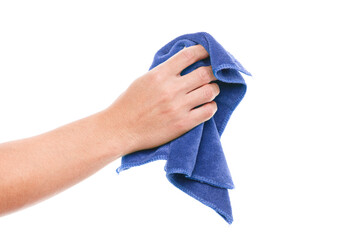 Hand holding blue duster microfiber cloth used for cleaning isolated on white background
