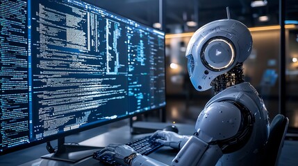 AI engineer training model, multi-screen coding setup, high definition,